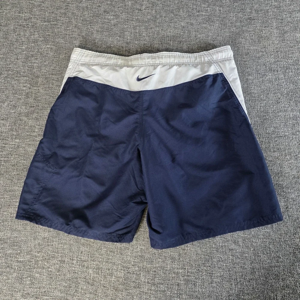 Nike Swim Board Shorts Mens M Navy Blue White Lined Drawstring Big Logo Trunks